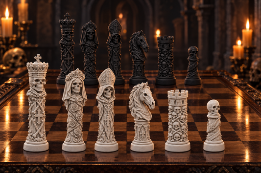 Totenkopf Memento – thematisches Schachfigurenset mit 32 Figuren – Ansicht 1