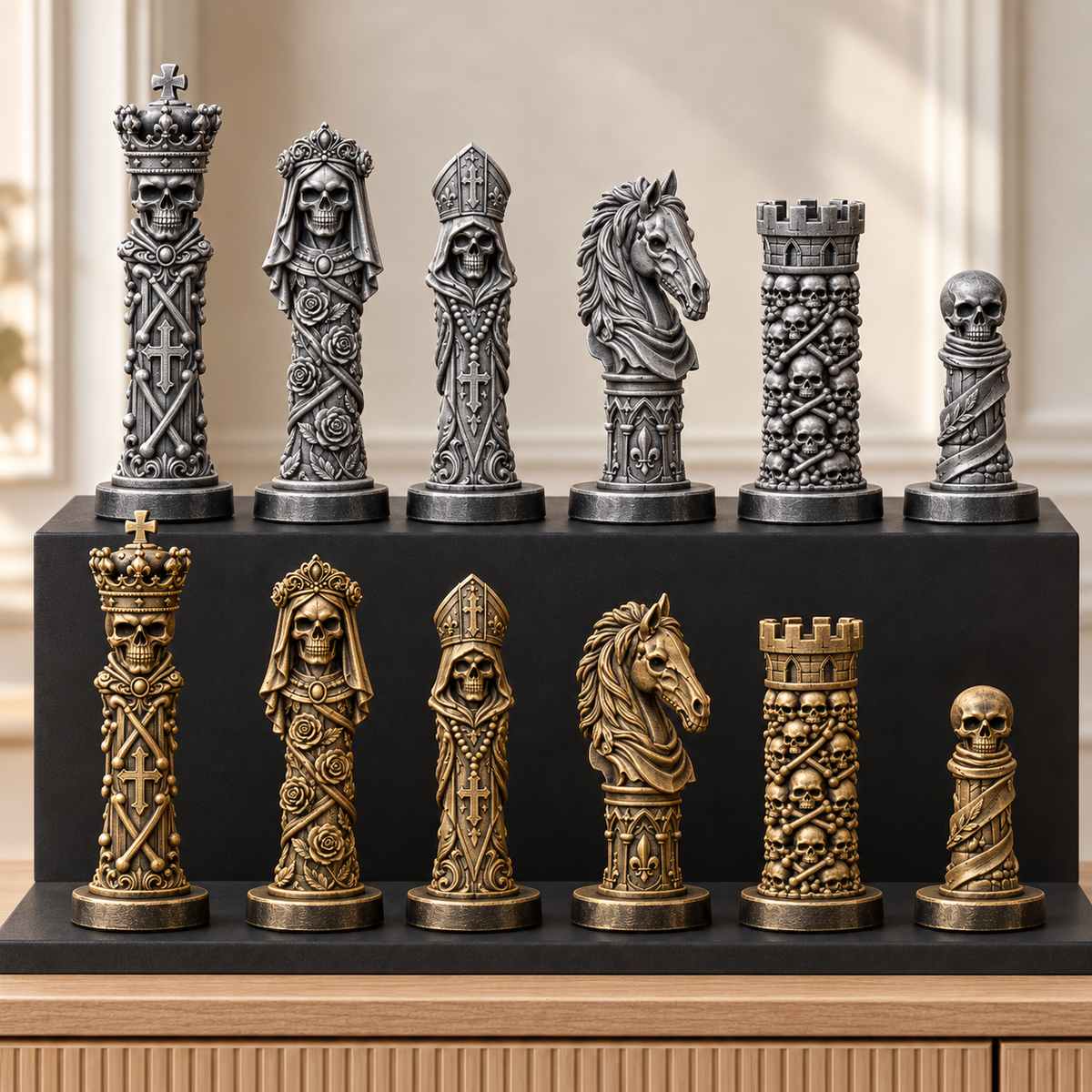 Totenkopf Memento – thematisches Schachfigurenset mit 32 Figuren – Ansicht 2