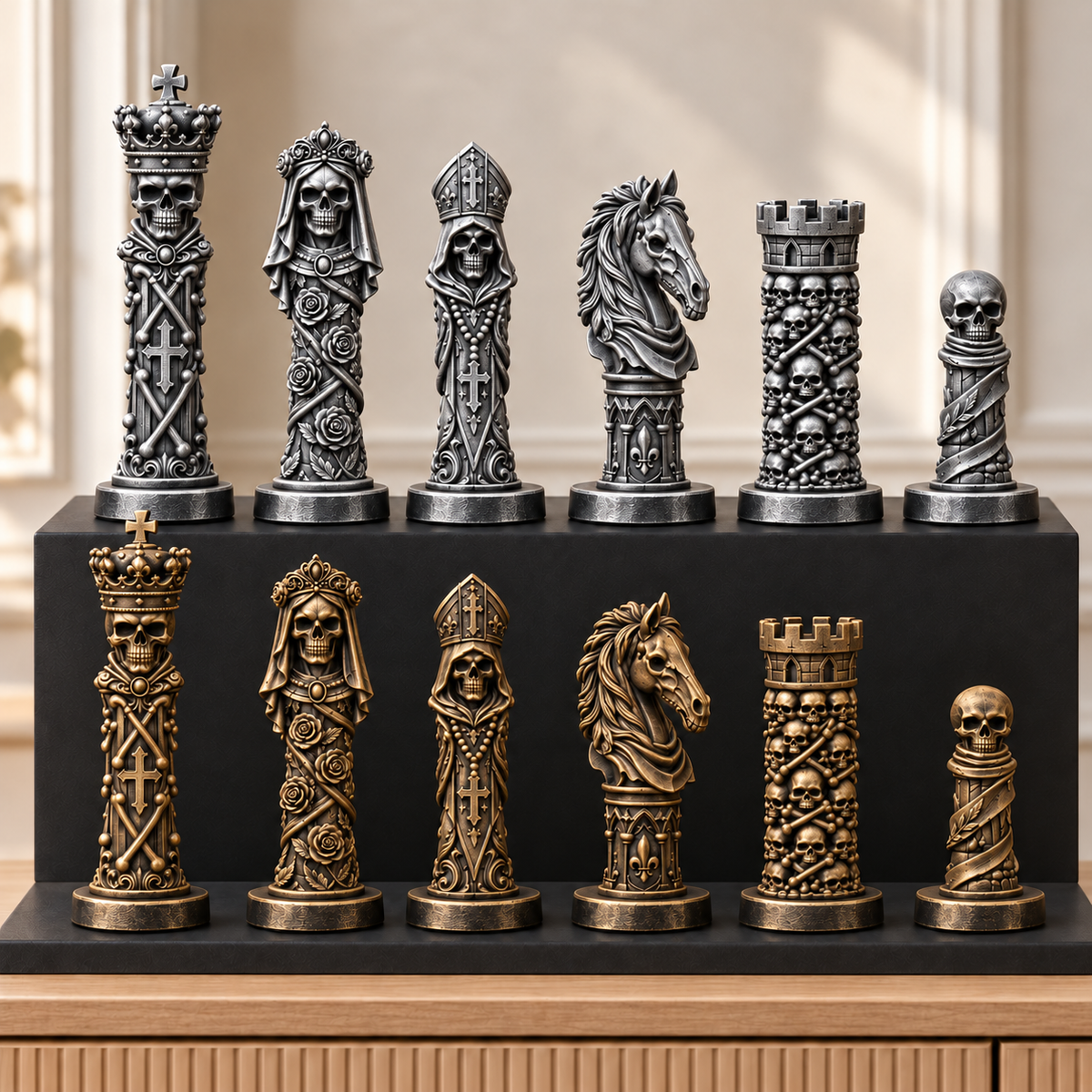 Totenkopf Memento – thematisches Schachfigurenset mit 32 Figuren – Ansicht 3