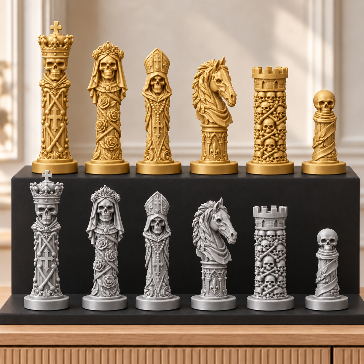 Totenkopf Memento – thematisches Schachfigurenset mit 32 Figuren – Ansicht 4