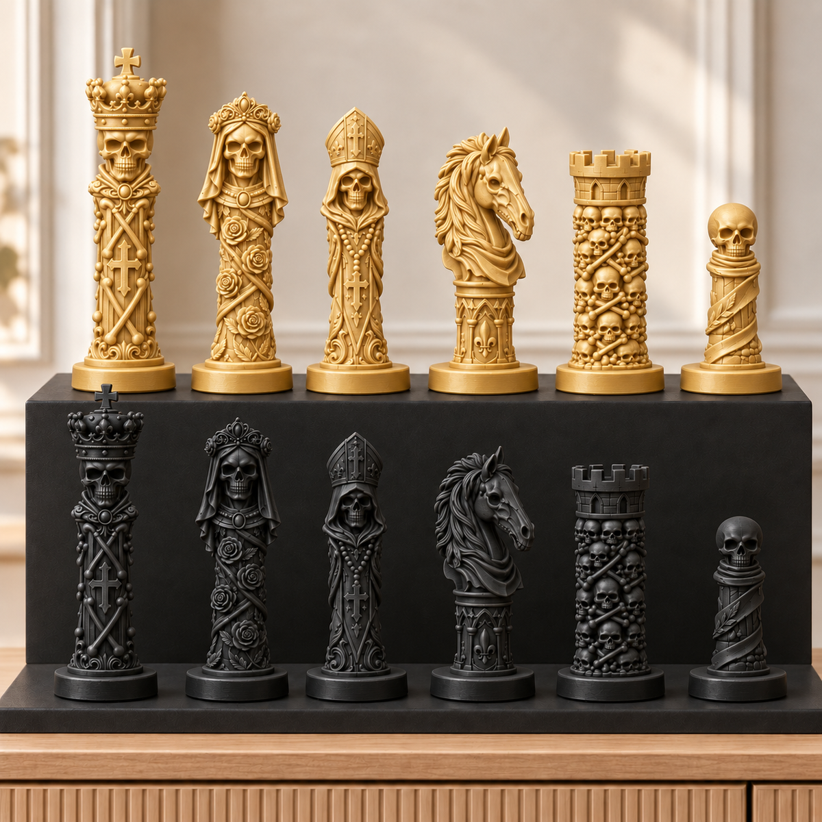 Totenkopf Memento – thematisches Schachfigurenset mit 32 Figuren – Ansicht 5