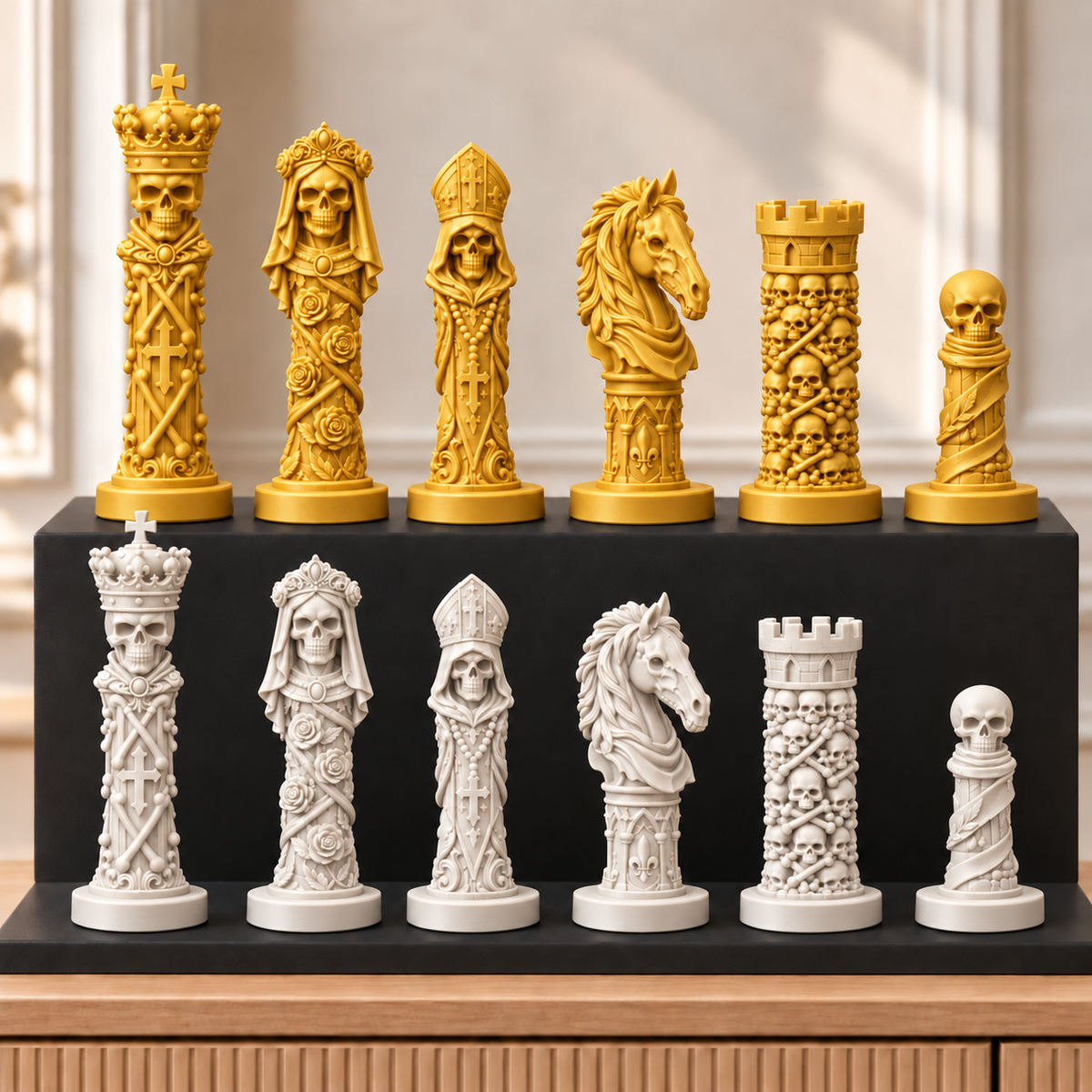 Totenkopf Memento – thematisches Schachfigurenset mit 32 Figuren – Ansicht 6