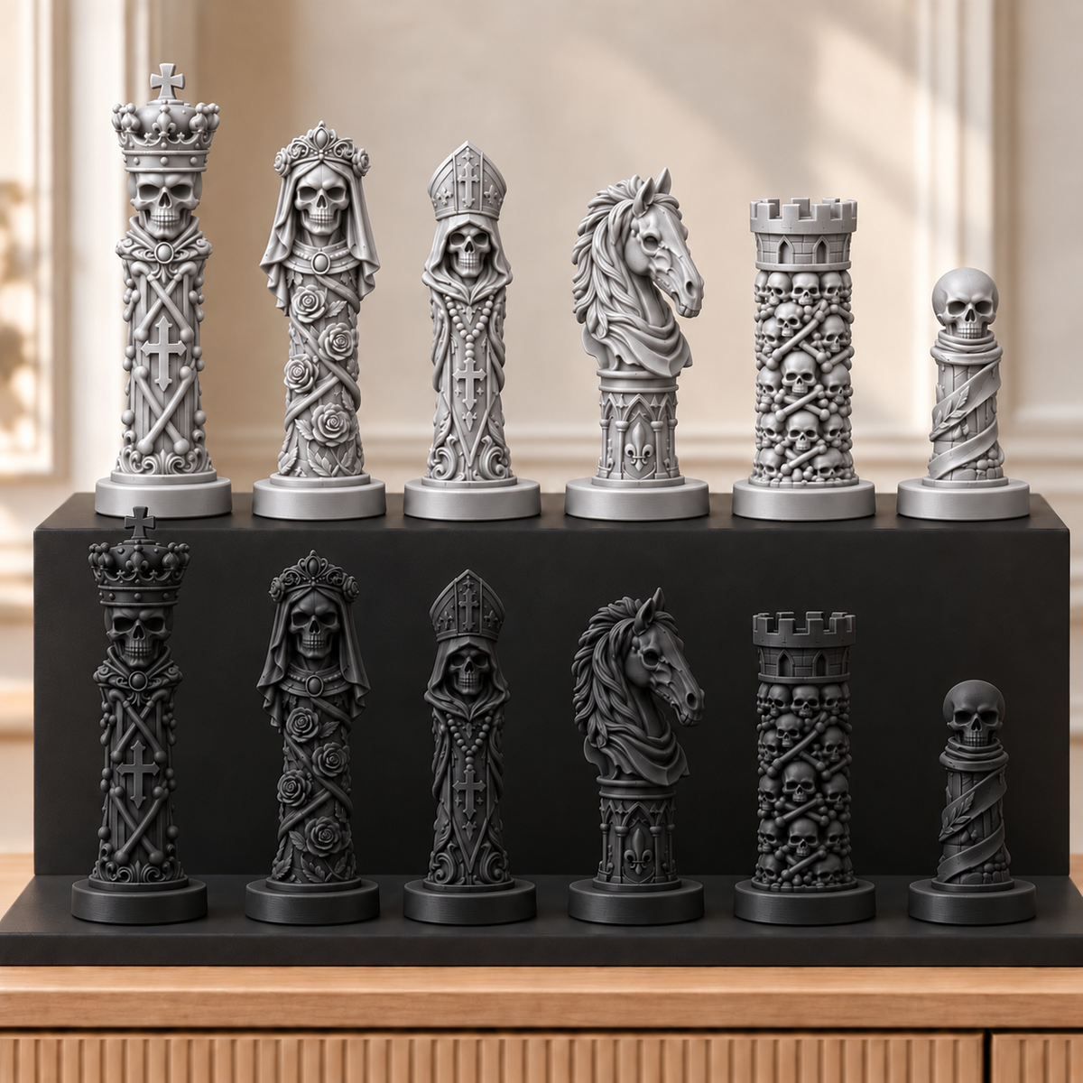 Totenkopf Memento – thematisches Schachfigurenset mit 32 Figuren – Ansicht 8