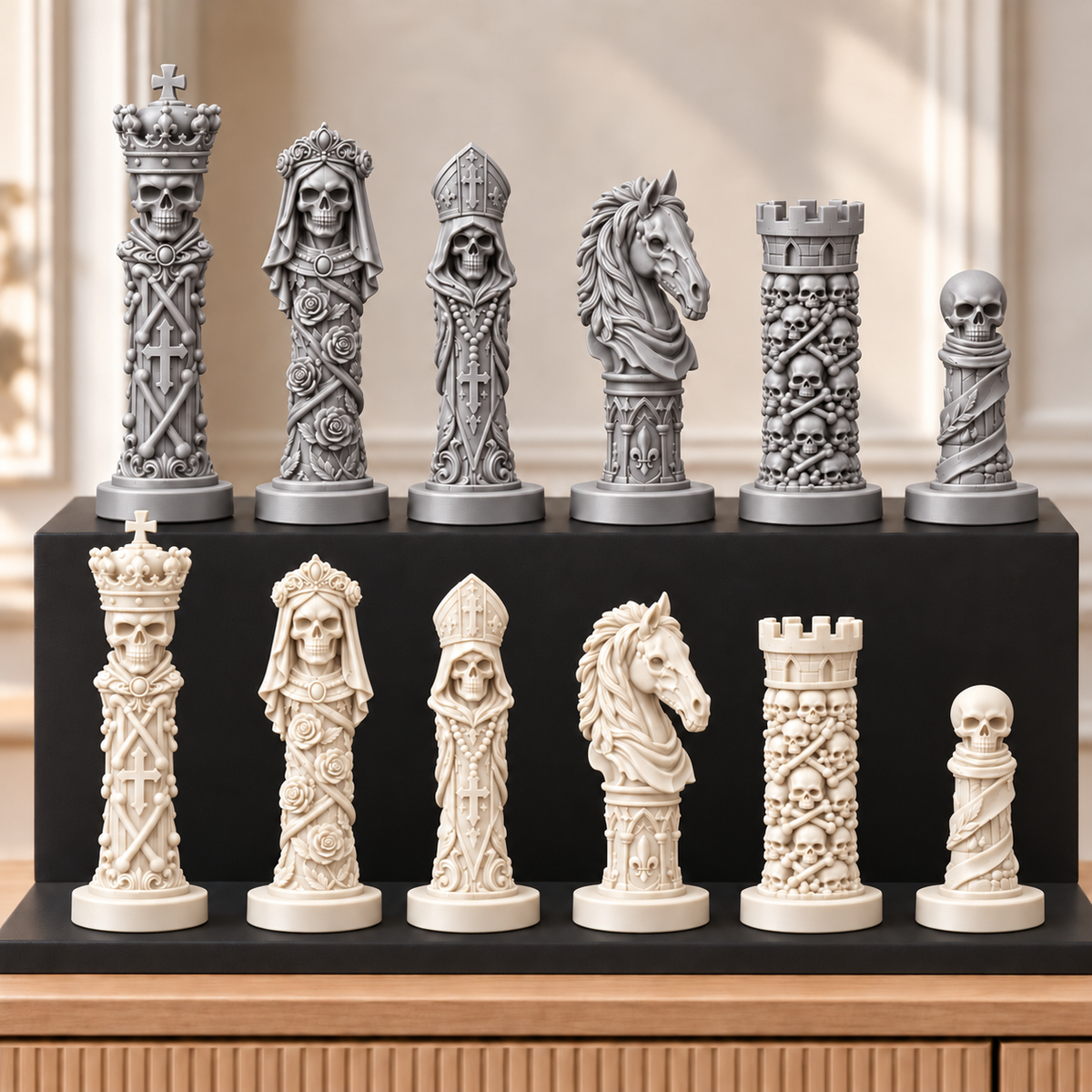 Totenkopf Memento – thematisches Schachfigurenset mit 32 Figuren – Ansicht 9
