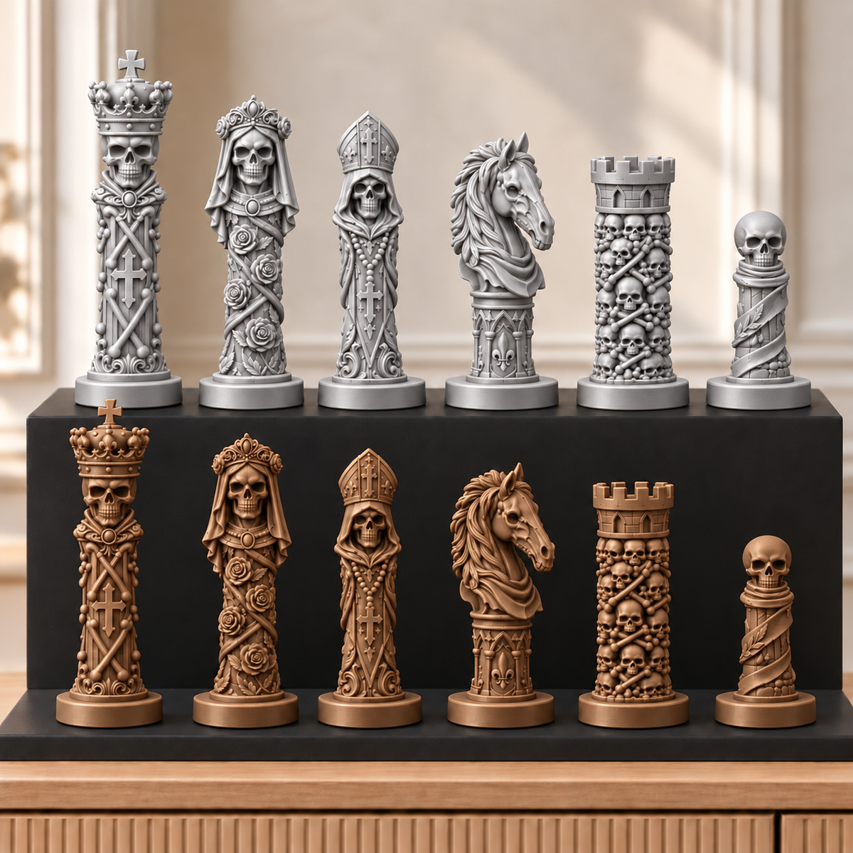 Totenkopf Memento – thematisches Schachfigurenset mit 32 Figuren – Ansicht 10