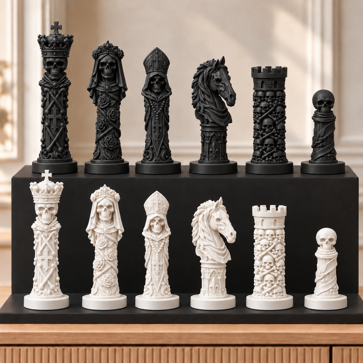Totenkopf Memento – thematisches Schachfigurenset mit 32 Figuren – Ansicht 11