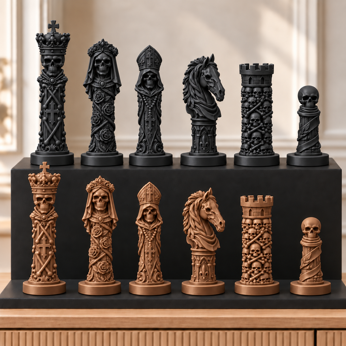 Totenkopf Memento – thematisches Schachfigurenset mit 32 Figuren – Ansicht 12