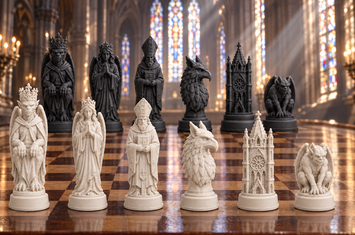 Gothic Kathedrale – thematisches Schachfigurenset mit 32 Figuren – Ansicht 1