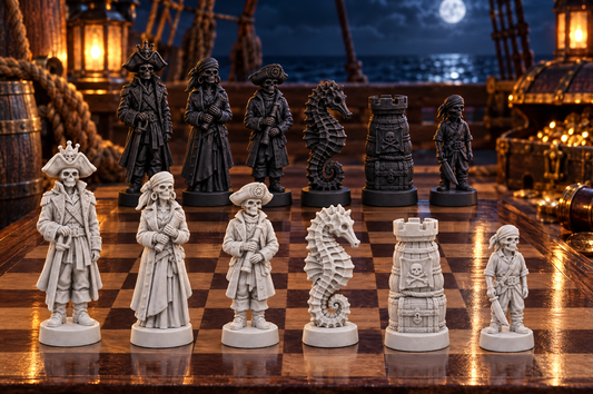 Skelettpiraten – thematisches Schachfigurenset mit 32 Figuren – Ansicht 1