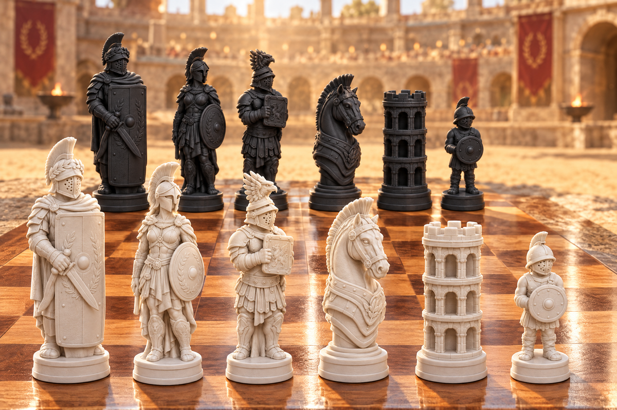 Römische Gladiatoren – thematisches Schachfigurenset mit 32 Figuren – Ansicht 1