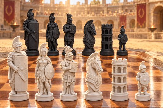 Römische Gladiatoren – thematisches Schachfigurenset mit 32 Figuren – Ansicht 1