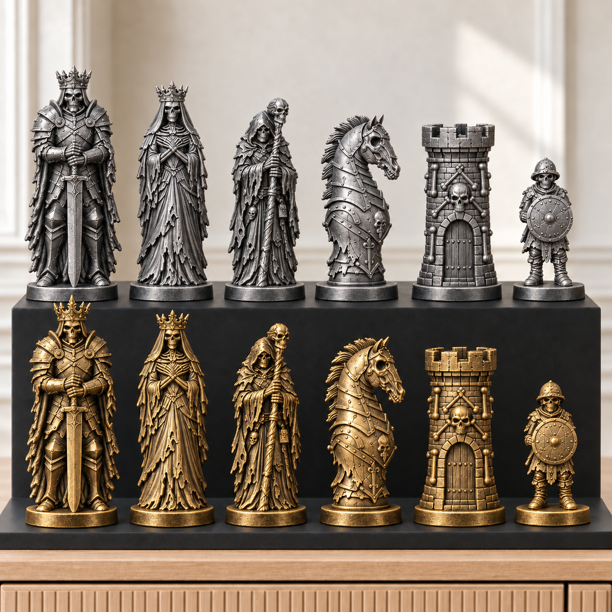 Untote Skelette – thematisches Schachfigurenset mit 32 Figuren – Ansicht 2