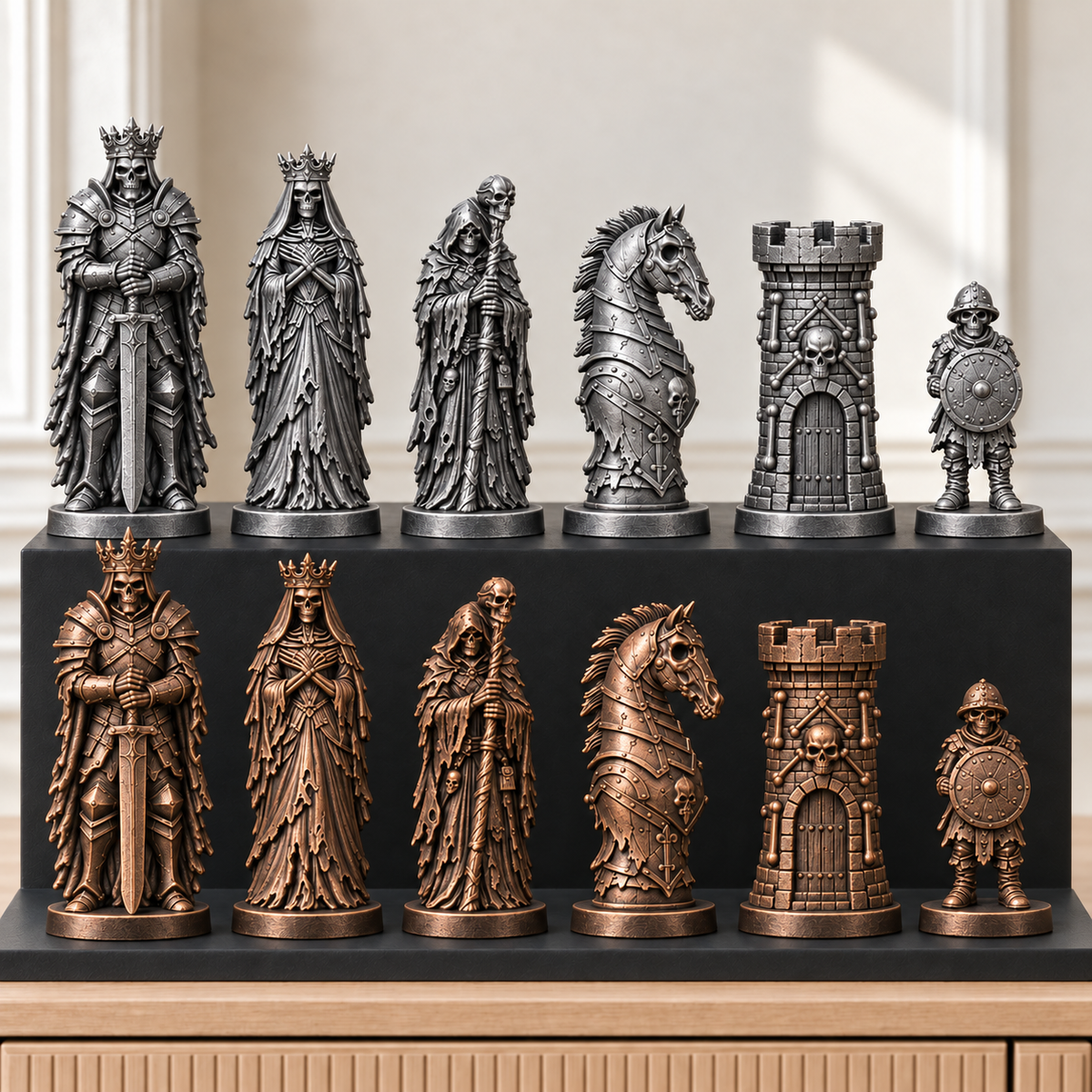 Untote Skelette – thematisches Schachfigurenset mit 32 Figuren – Ansicht 3