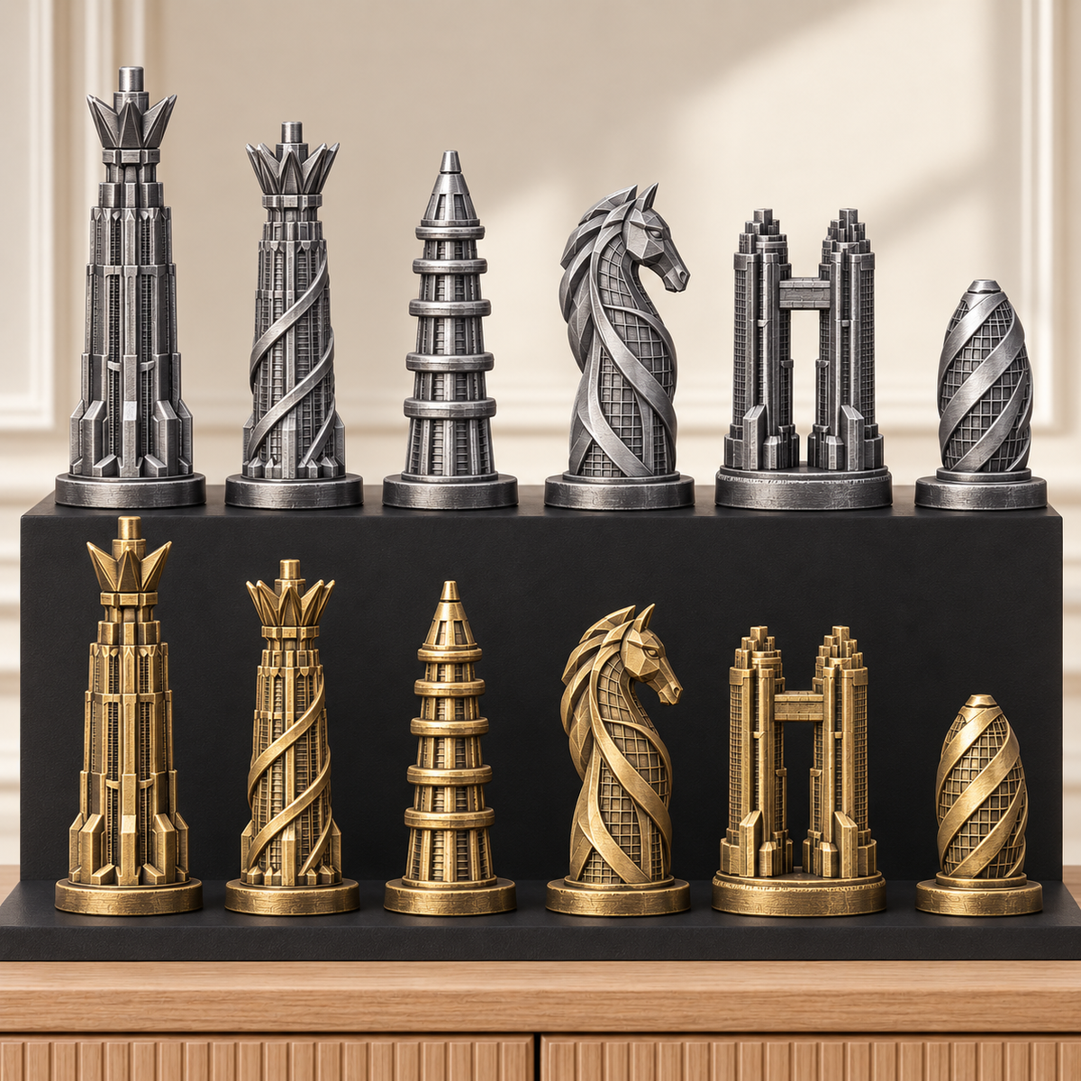 Zukunfts-Wolkenkratzer – thematisches Schachfigurenset mit 32 Figuren – Ansicht 2
