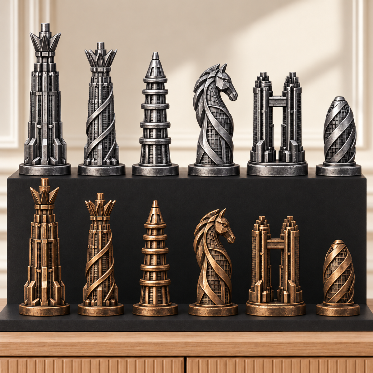 Zukunfts-Wolkenkratzer – thematisches Schachfigurenset mit 32 Figuren – Ansicht 3