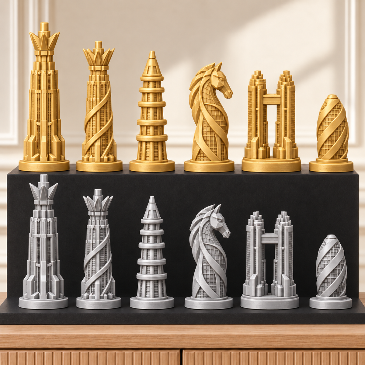 Zukunfts-Wolkenkratzer – thematisches Schachfigurenset mit 32 Figuren – Ansicht 4