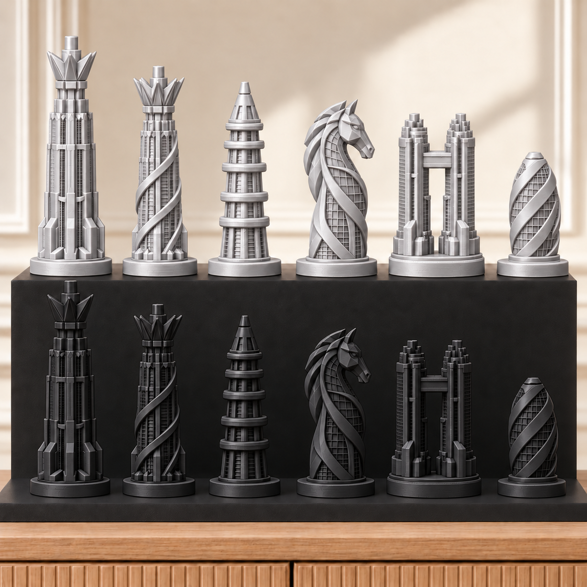 Zukunfts-Wolkenkratzer – thematisches Schachfigurenset mit 32 Figuren – Ansicht 8