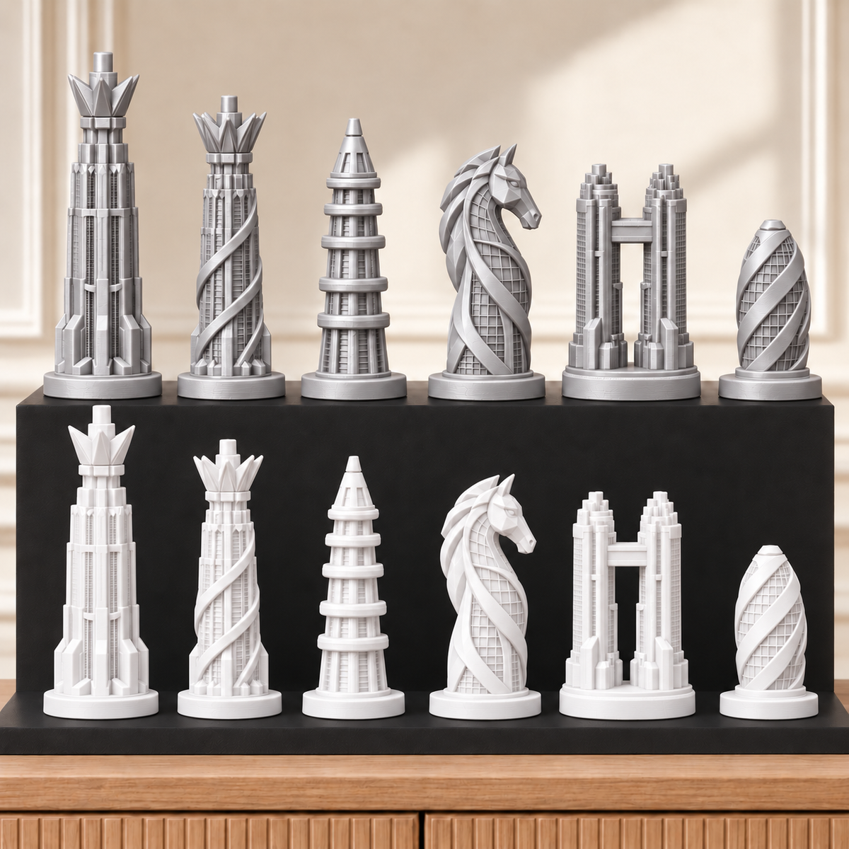 Zukunfts-Wolkenkratzer – thematisches Schachfigurenset mit 32 Figuren – Ansicht 9