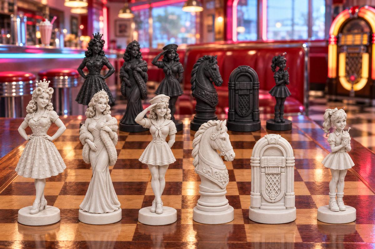 Pin-up der 50er – thematisches Schachfigurenset mit 32 Figuren – Ansicht 1