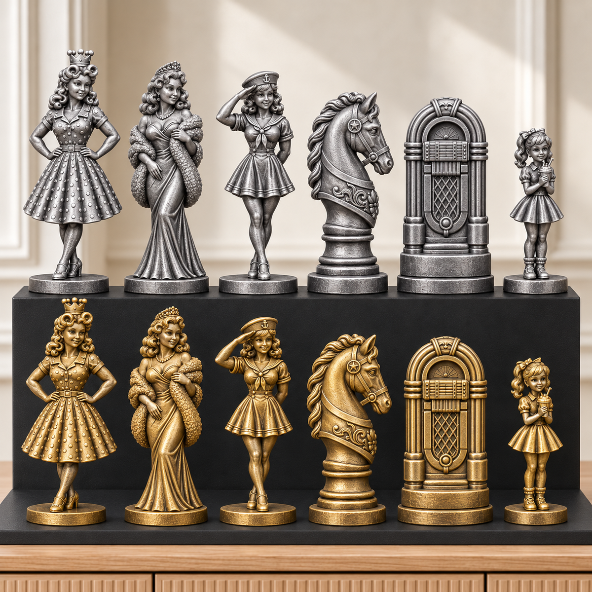 Pin-up der 50er – thematisches Schachfigurenset mit 32 Figuren – Ansicht 2