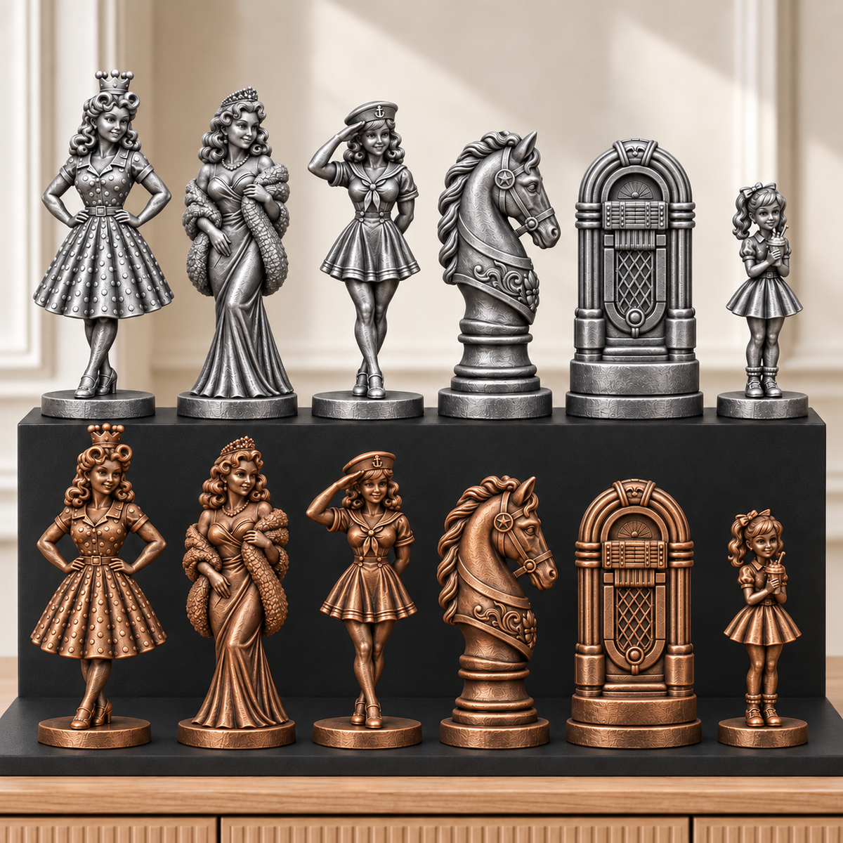 Pin-up der 50er – thematisches Schachfigurenset mit 32 Figuren – Ansicht 3