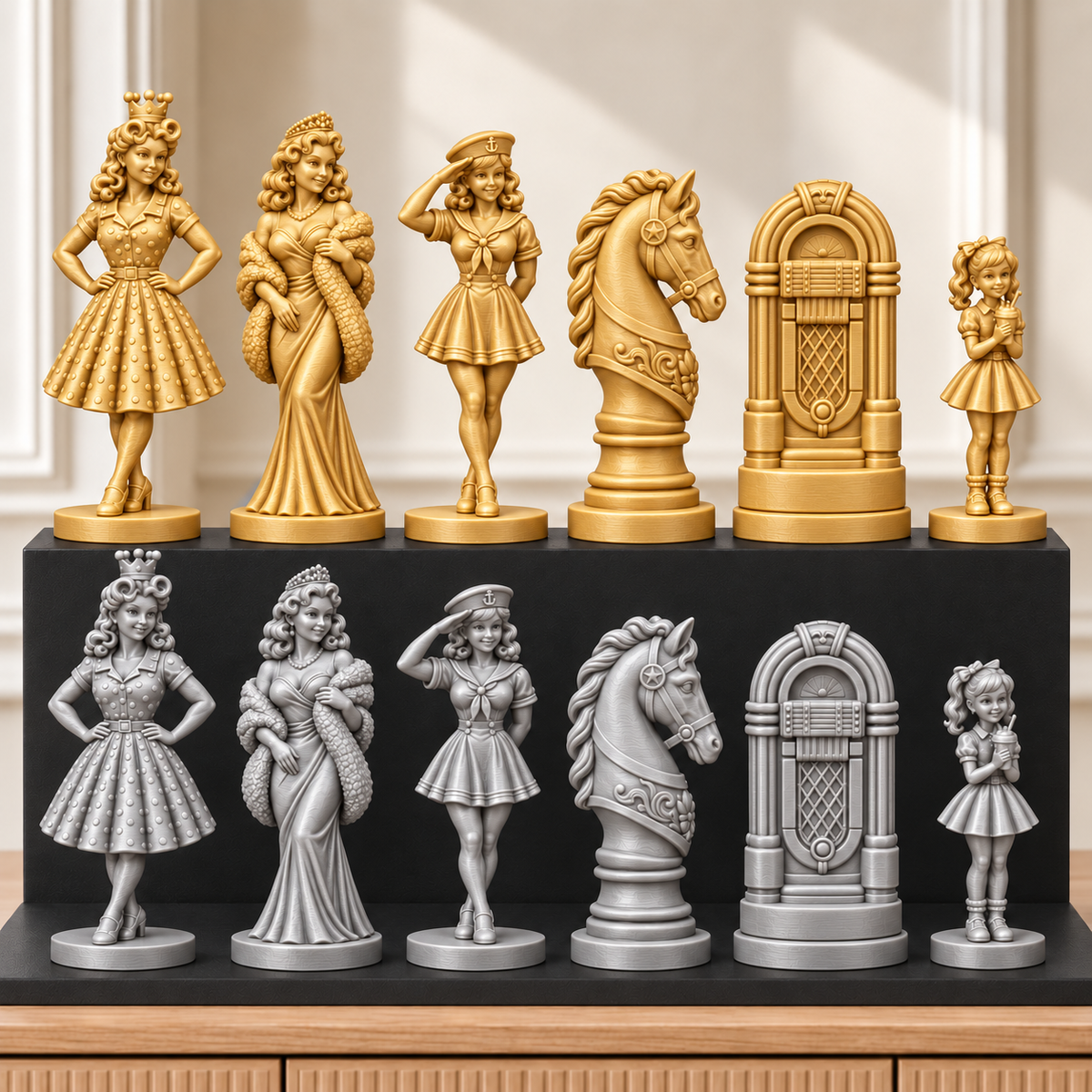Pin-up der 50er – thematisches Schachfigurenset mit 32 Figuren – Ansicht 4