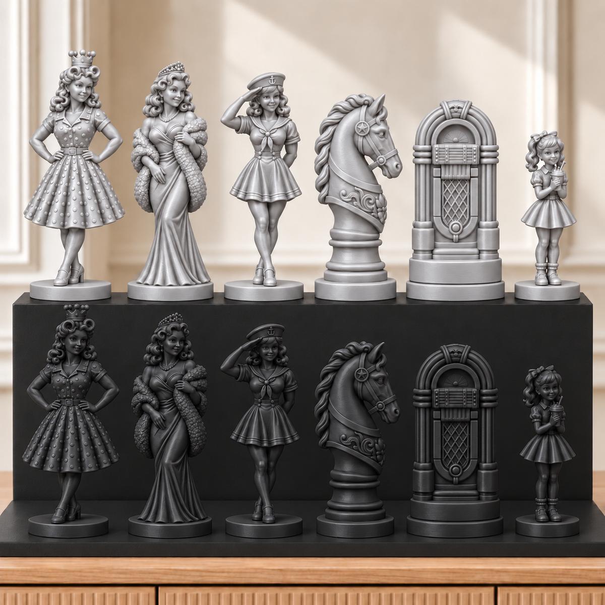Pin-up der 50er – thematisches Schachfigurenset mit 32 Figuren – Ansicht 8