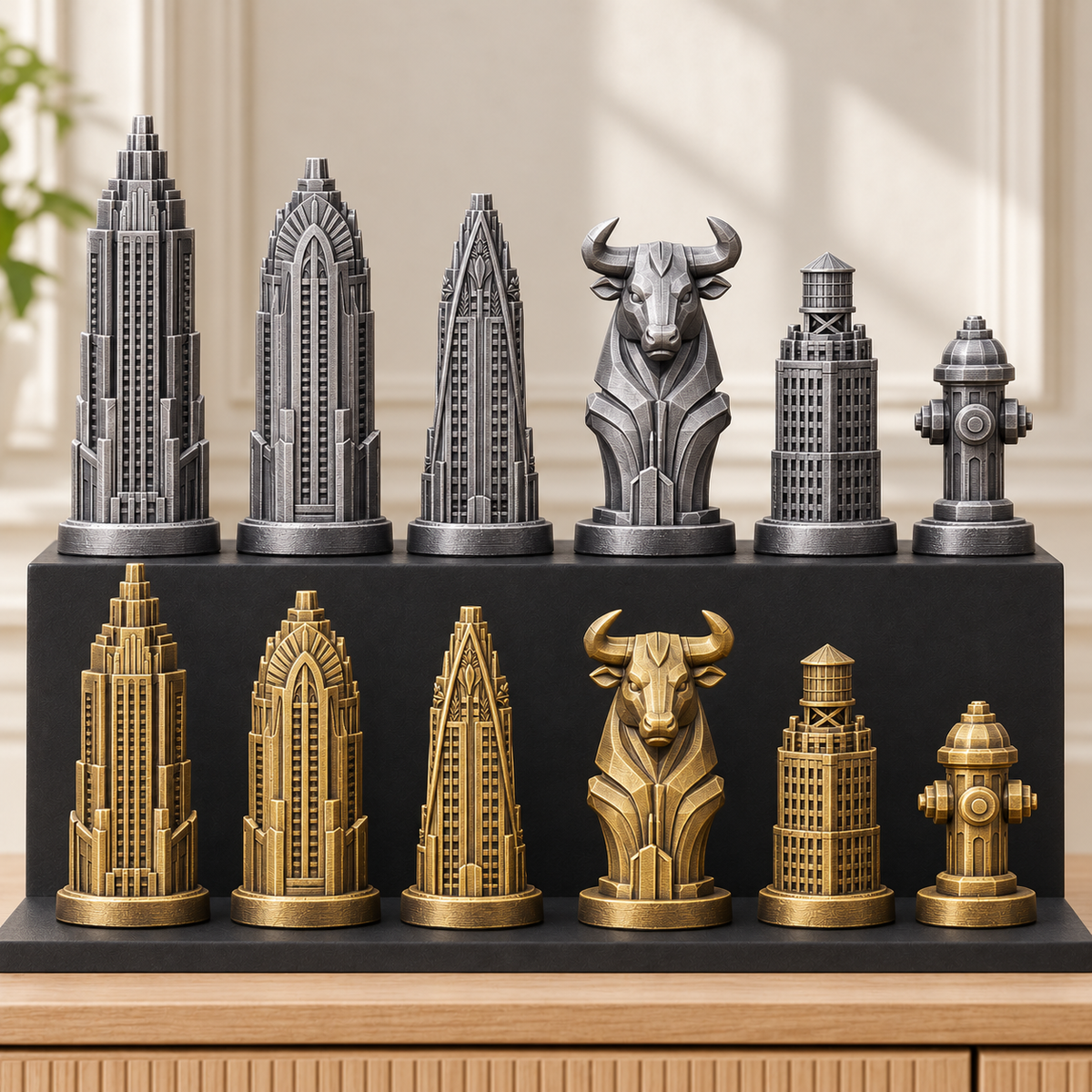 Art-déco-Wolkenkratzer – thematisches Schachfigurenset mit 32 Figuren – Ansicht 2