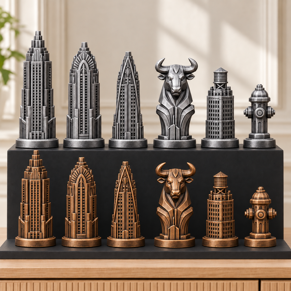 Art-déco-Wolkenkratzer – thematisches Schachfigurenset mit 32 Figuren – Ansicht 3