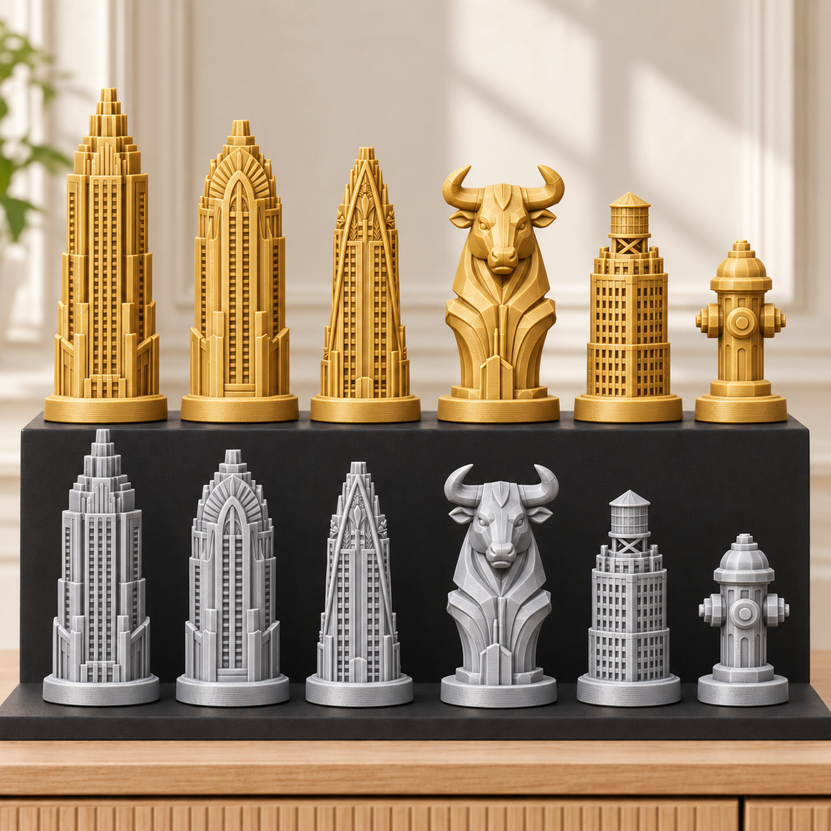 Art-déco-Wolkenkratzer – thematisches Schachfigurenset mit 32 Figuren – Ansicht 4