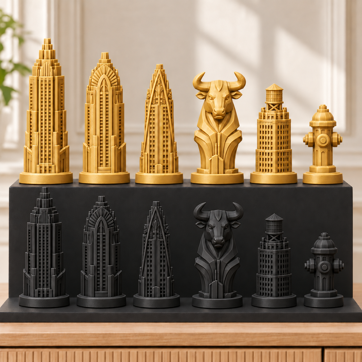 Art-déco-Wolkenkratzer – thematisches Schachfigurenset mit 32 Figuren – Ansicht 5