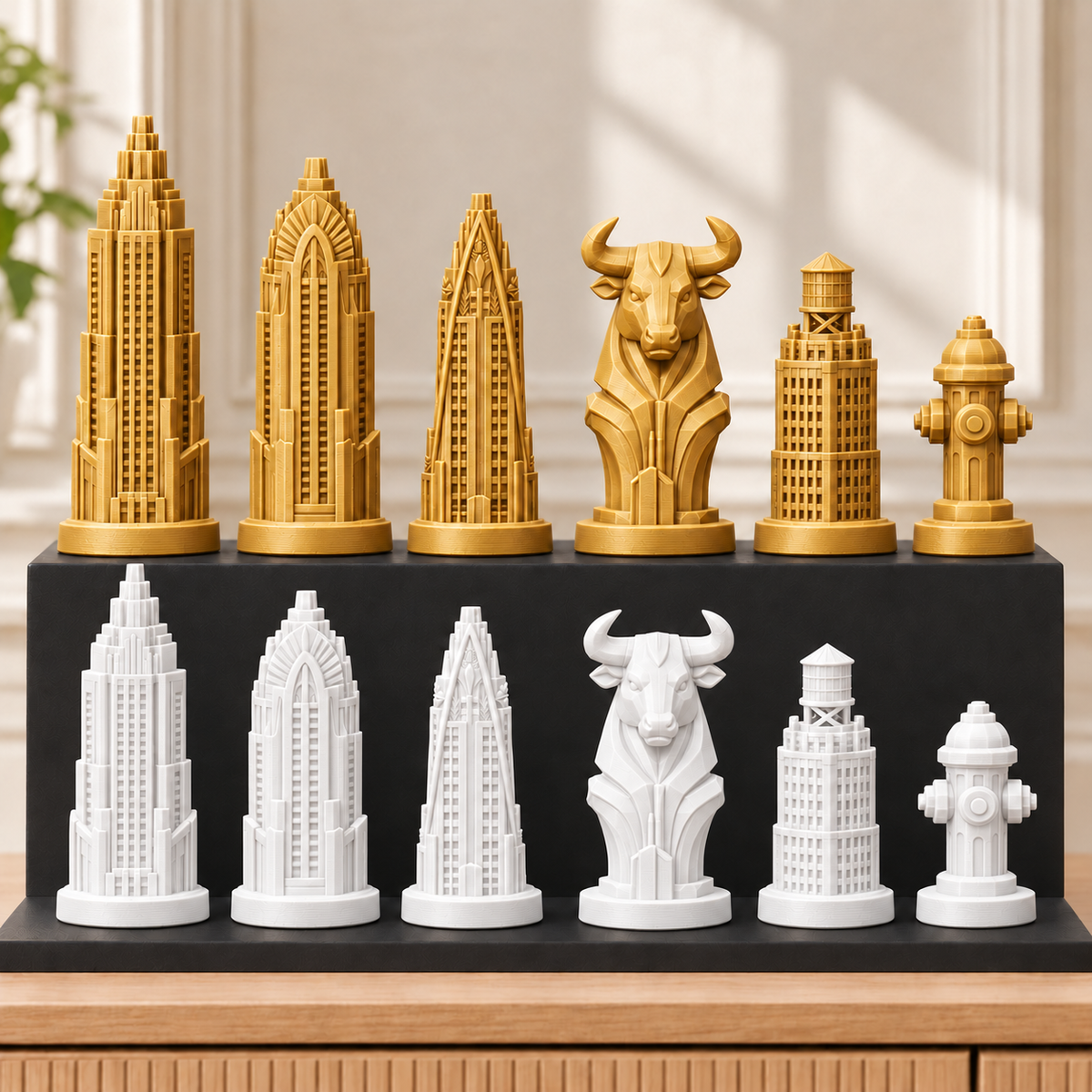 Art-déco-Wolkenkratzer – thematisches Schachfigurenset mit 32 Figuren – Ansicht 6