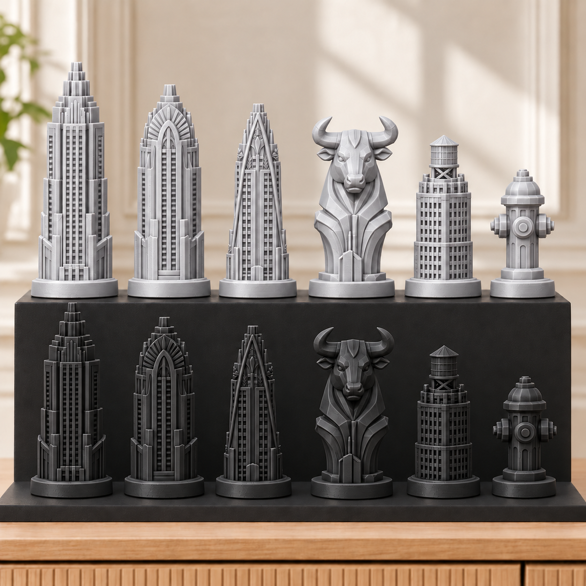 Art-déco-Wolkenkratzer – thematisches Schachfigurenset mit 32 Figuren – Ansicht 8