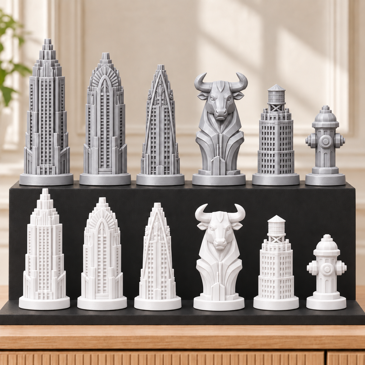Art-déco-Wolkenkratzer – thematisches Schachfigurenset mit 32 Figuren – Ansicht 9
