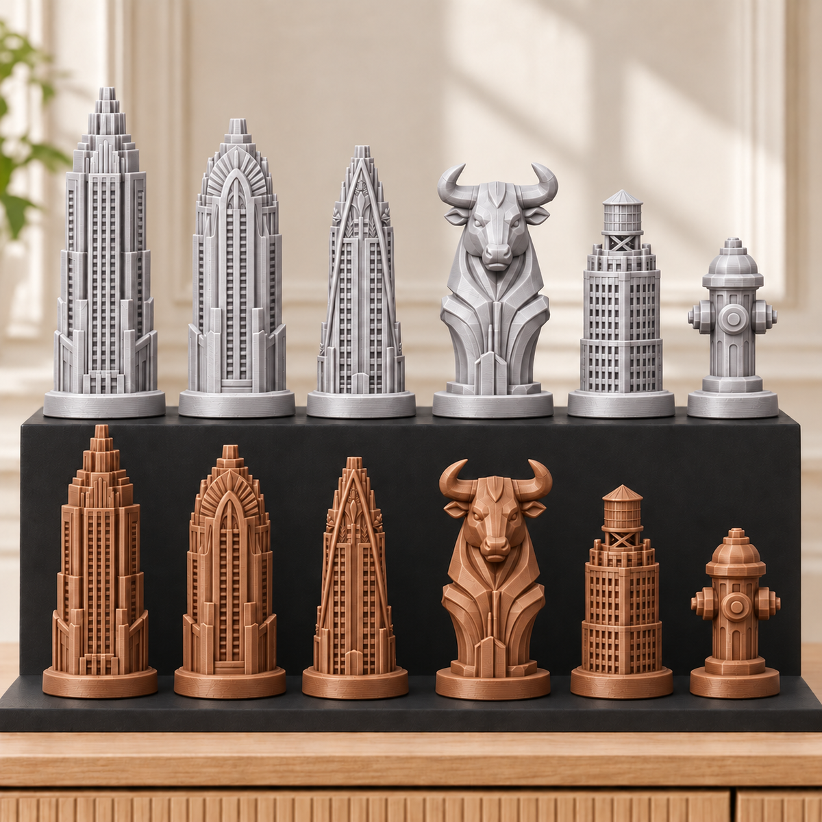 Art-déco-Wolkenkratzer – thematisches Schachfigurenset mit 32 Figuren – Ansicht 10