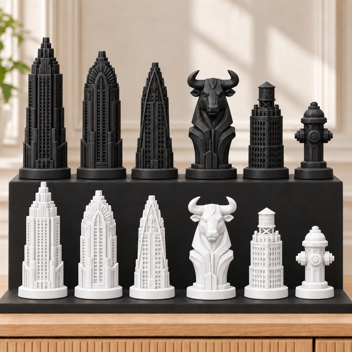 Art-déco-Wolkenkratzer – thematisches Schachfigurenset mit 32 Figuren – Ansicht 11