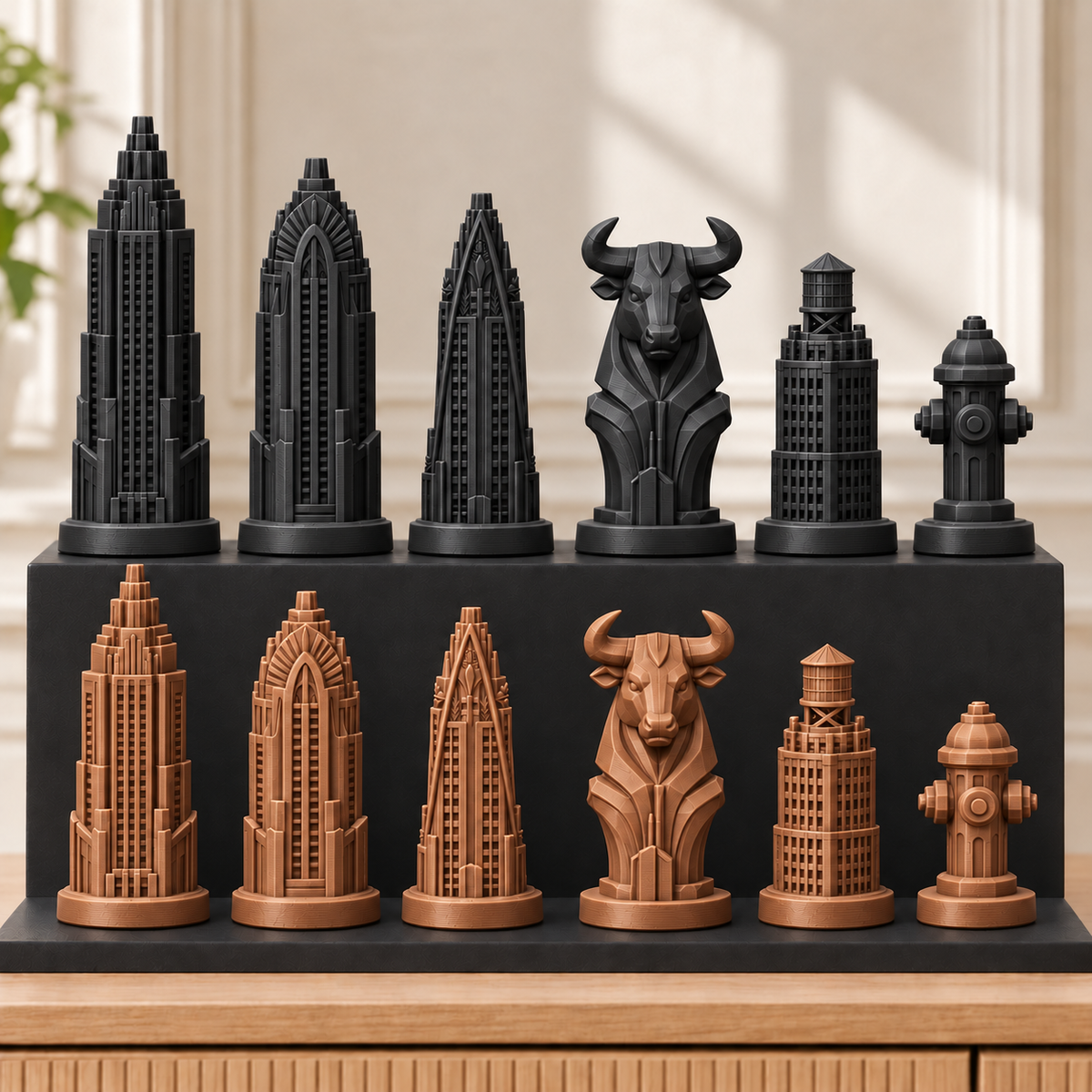 Art-déco-Wolkenkratzer – thematisches Schachfigurenset mit 32 Figuren – Ansicht 12