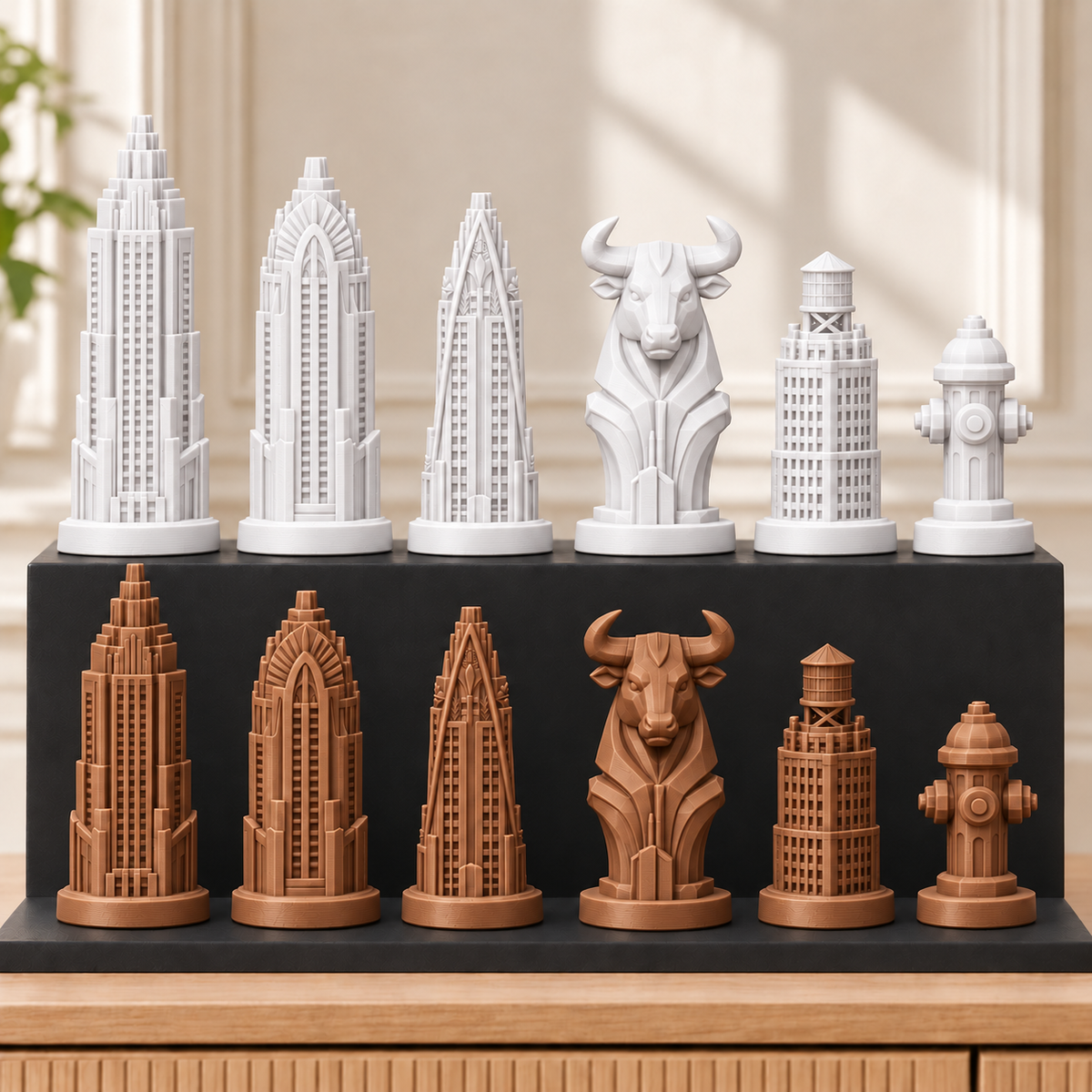 Art-déco-Wolkenkratzer – thematisches Schachfigurenset mit 32 Figuren – Ansicht 13