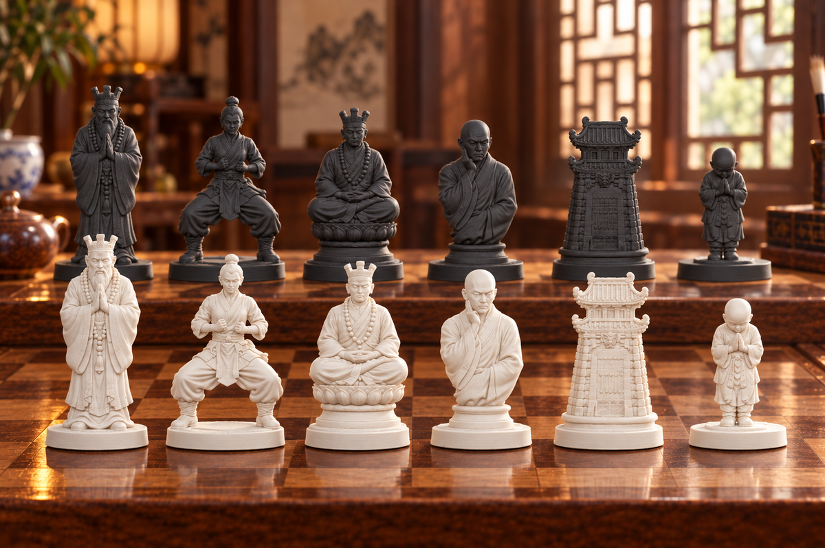 Shaolin-Mönche – thematisches Schachfigurenset mit 32 Figuren – Ansicht 1