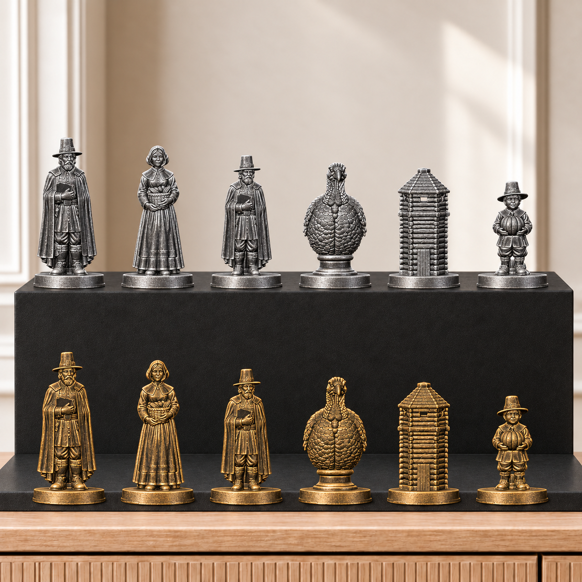Pilgerväter – thematisches Schachfigurenset mit 32 Figuren – Ansicht 2