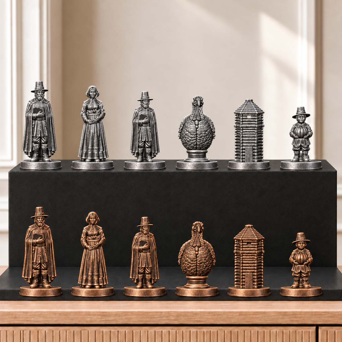 Pilgerväter – thematisches Schachfigurenset mit 32 Figuren – Ansicht 3
