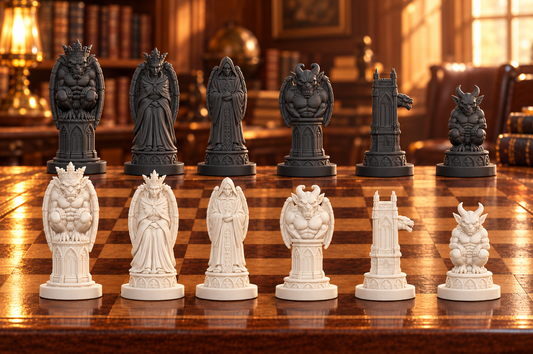 Gothic-Wasserspeier – thematisches Schachfigurenset mit 32 Figuren – Ansicht 1