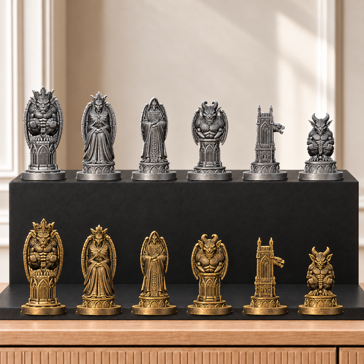 Gothic-Wasserspeier – thematisches Schachfigurenset mit 32 Figuren – Ansicht 2