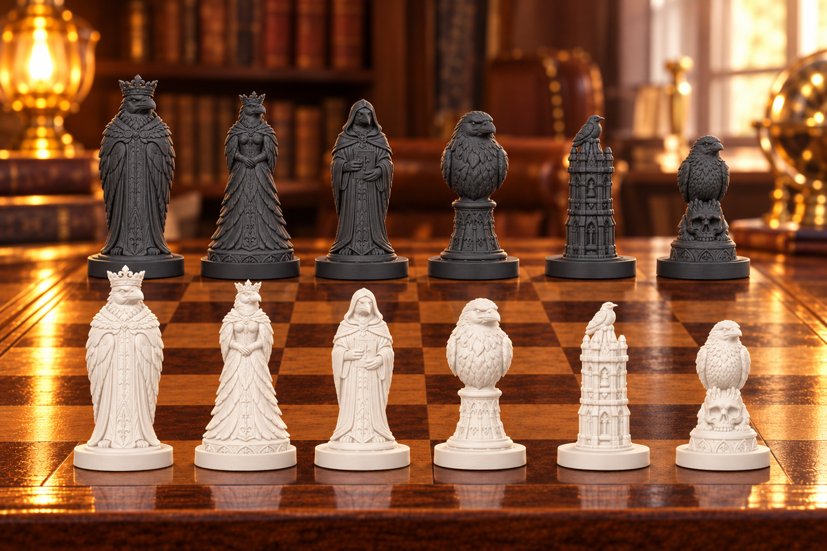Raben – thematisches Schachfigurenset mit 32 Figuren – Ansicht 1