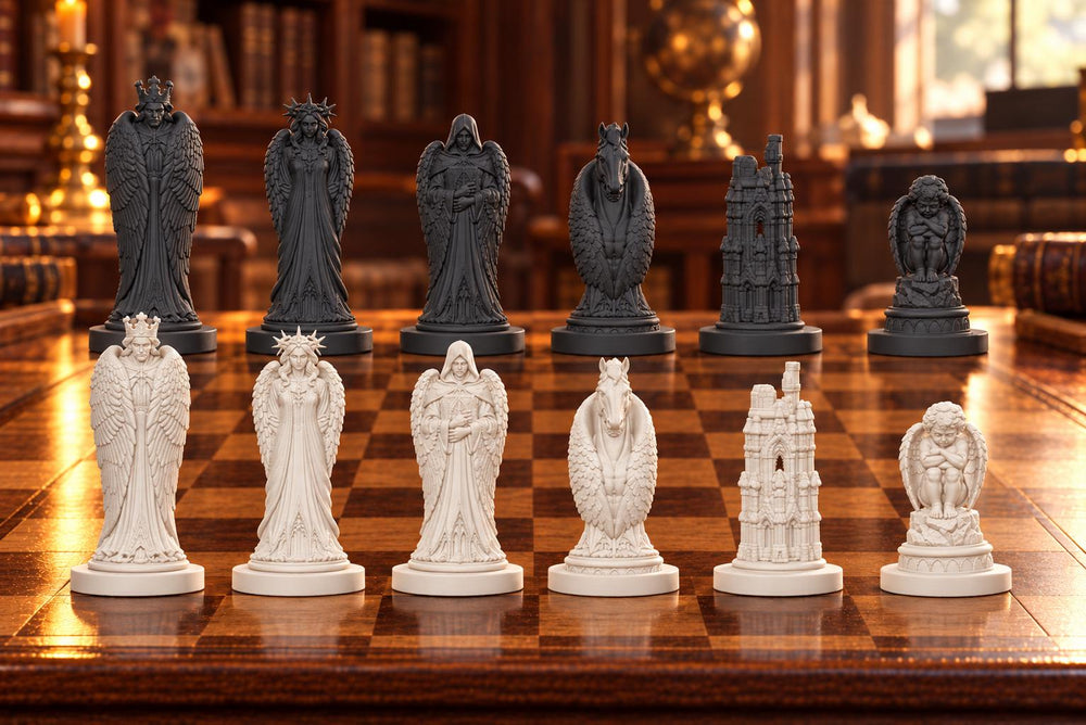 Gefallene Engel – thematisches Schachfigurenset mit 32 Figuren – Ansicht 1
