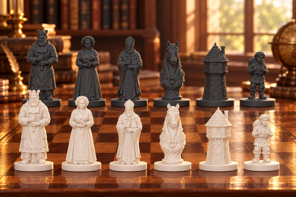 Mittelalterliches Dorf – thematisches Schachfigurenset mit 32 Figuren – Ansicht 1