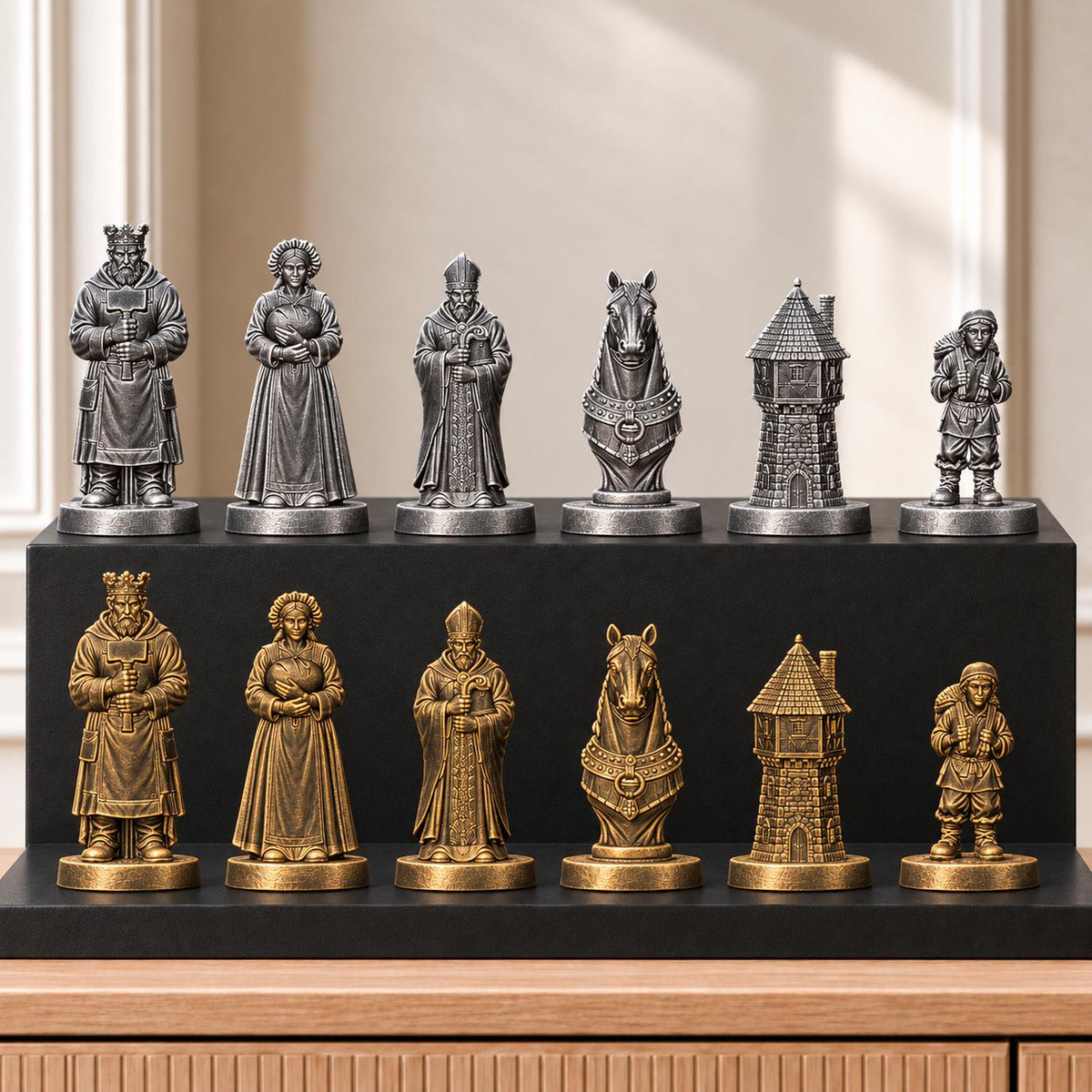 Mittelalterliches Dorf – thematisches Schachfigurenset mit 32 Figuren – Ansicht 2
