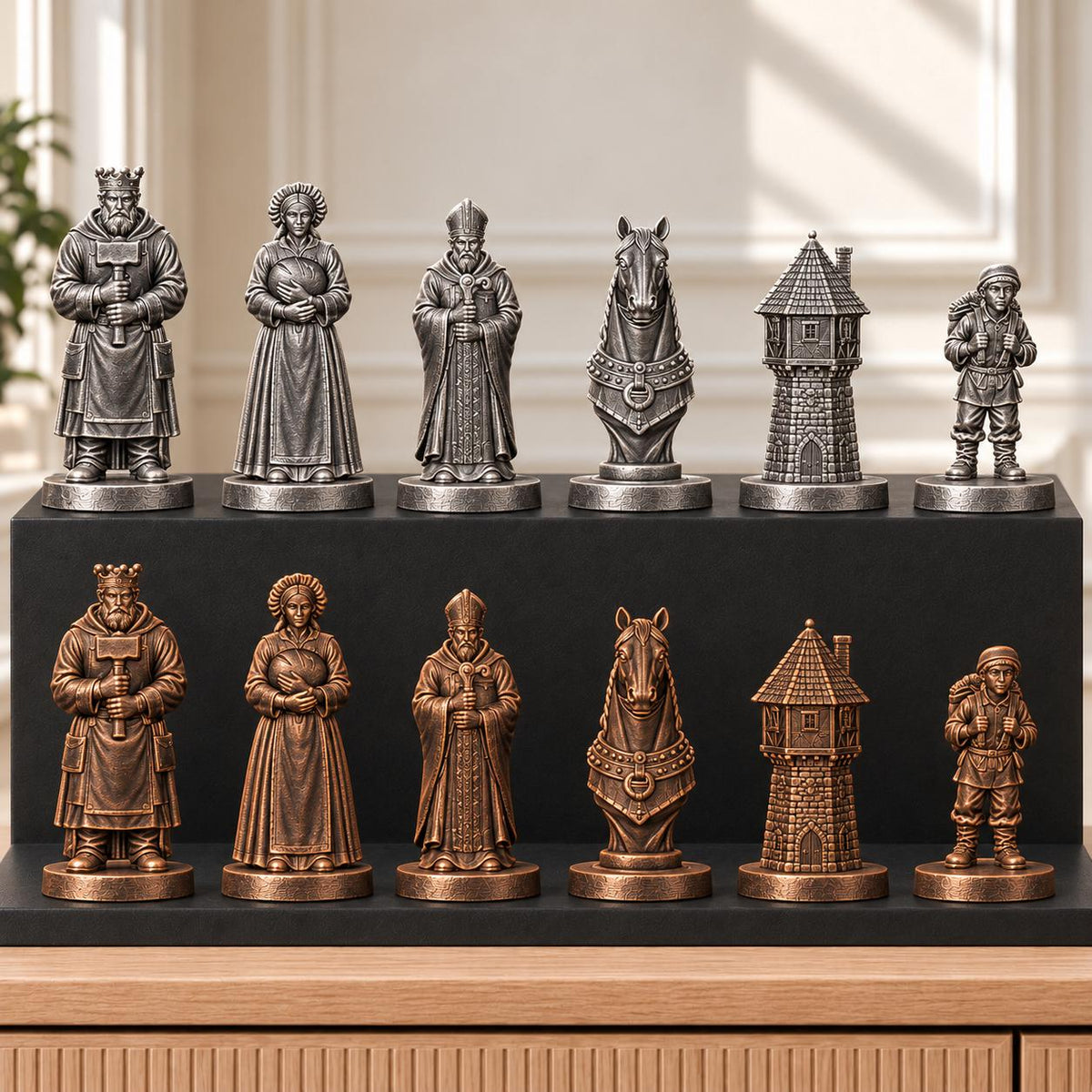 Mittelalterliches Dorf – thematisches Schachfigurenset mit 32 Figuren – Ansicht 3