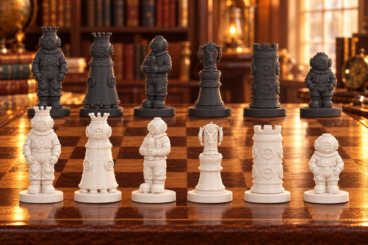 Tiefseetaucher – thematisches Schachfigurenset mit 32 Figuren – Ansicht 1