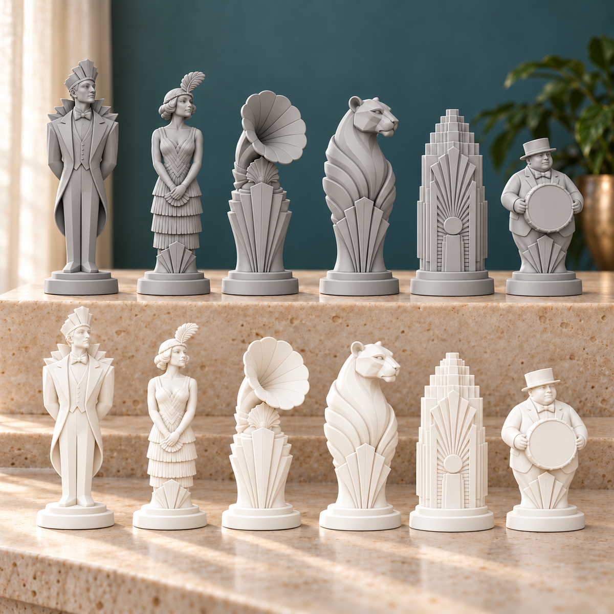 Art-déco-Jazzclub Schachfiguren – STL & 3MF Download – Ansicht 1
